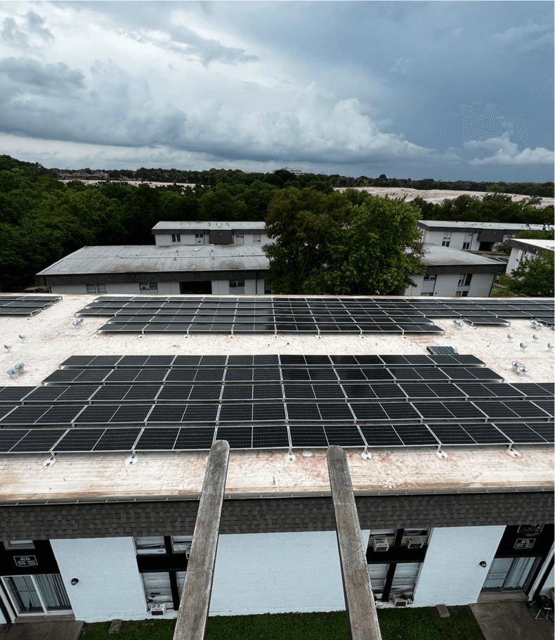 Aerial view of Estrella with solar panels