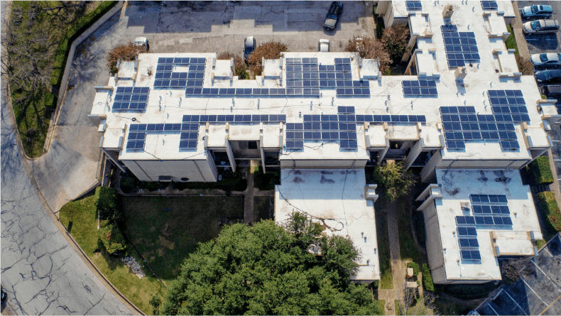 Aerial view of Sierra Gardens with solar panels